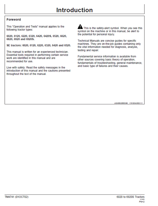 John Deere TM4741 Technical Manual for 6020 to 6920S SE Tractors