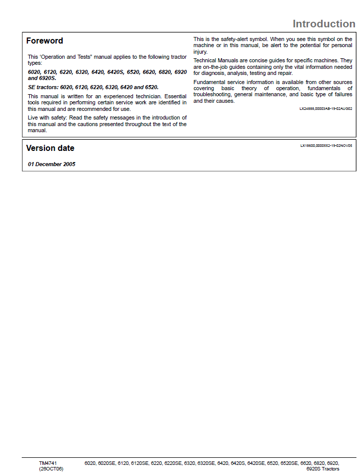 John Deere TM4741 Technical Manual for 6020 to 6920S Tractors