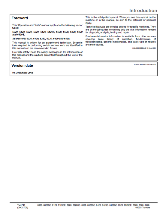 John Deere TM4741 Technical Manual for 6020 to 6920S Tractors