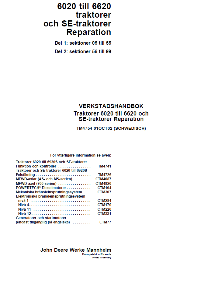 John Deere TM4754 Workshop Manual for 6020 to 6620 Tractors
