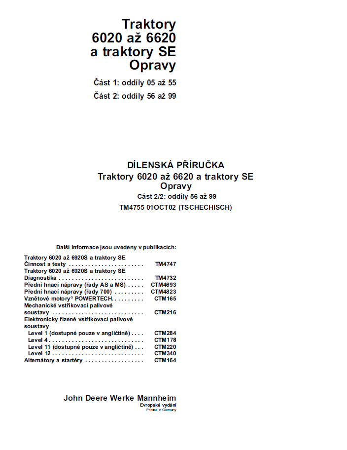 John Deere TM4755 Operation & Test Manual for 6020-6920S SE Tractors