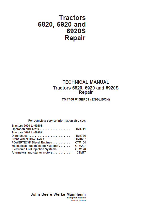 John Deere TM4756 Tractor Repair Manual for 6820 6920 6920S Models