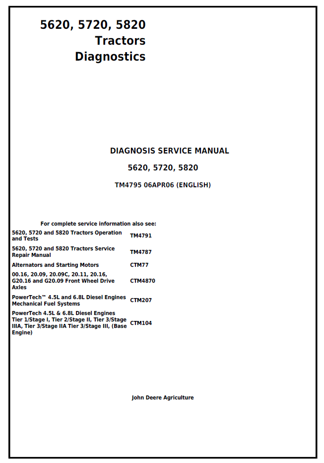 John Deere TM4795 5620 5720 5820 Tractor Diagnosis Service Manual