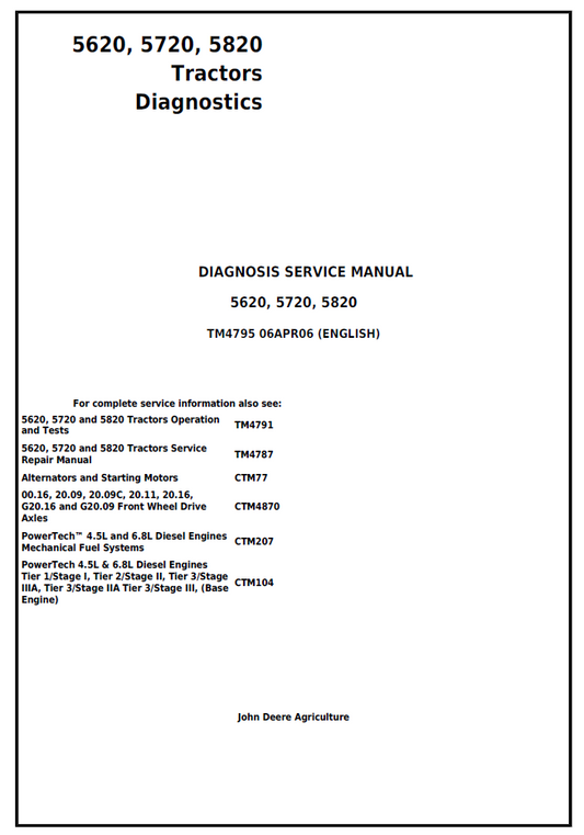 John Deere TM4795 5620 5720 5820 Tractor Diagnosis Service Manual