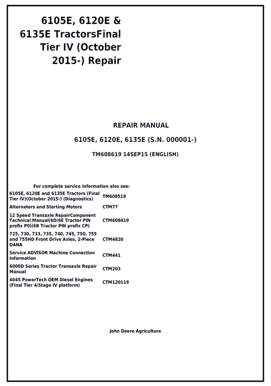 John Deere TM608619 6105E, 6120E, 6135E Final Tier IV Tractor Repair Manual