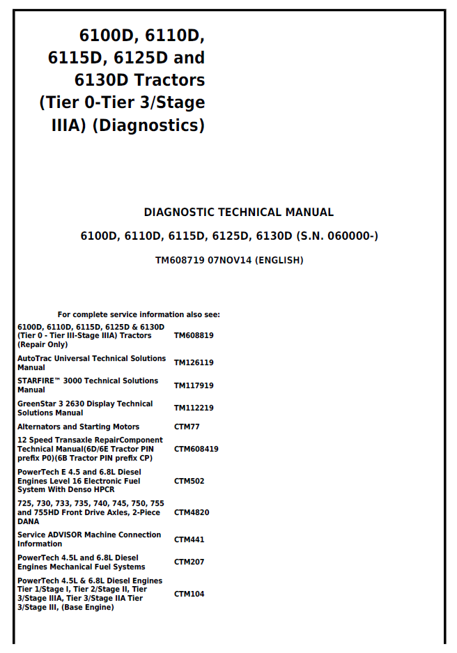 John Deere TM608719 6100D-6130D Tractor Diagnostic Manual
