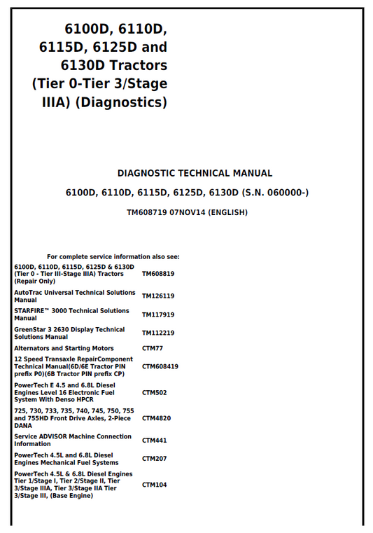 John Deere TM608719 6100D-6130D Tractor Diagnostic Manual