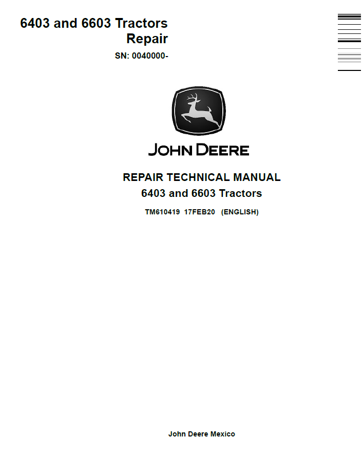 John Deere TM610419 Repair Manual for 6403 & 6603 Tractors