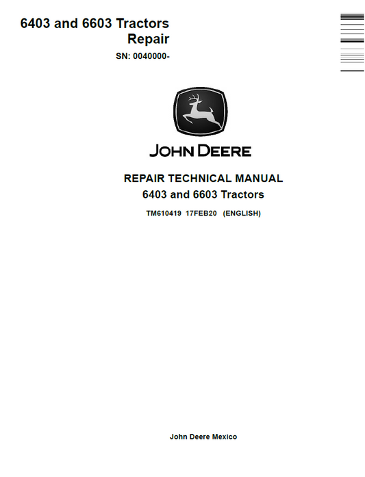 John Deere TM610419 Repair Manual for 6403 & 6603 Tractors