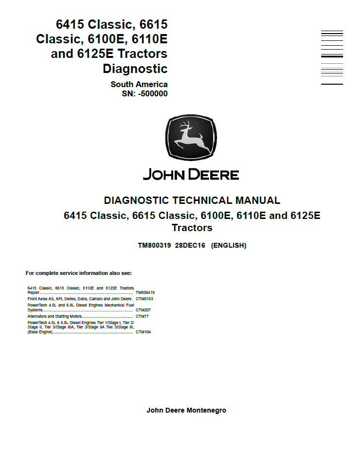John Deere TM800319 Diagnostic Manual for 6415–6125E Tractors