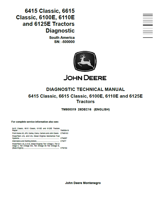 John Deere TM800319 Diagnostic Manual for 6415–6125E Tractors