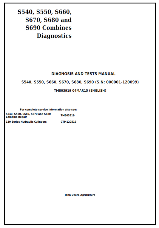 John Deere TM803919 S540 S550 S660 S670 S680 S690 Combine Diagnostic Manual
