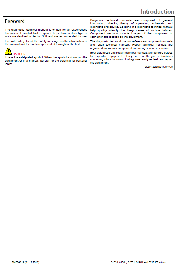 John Deere TM804819 J Series Tractor Service Diagnostic Manual