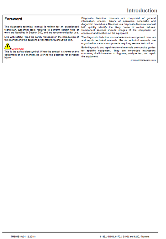 John Deere TM804819 J Series Tractor Service Diagnostic Manual