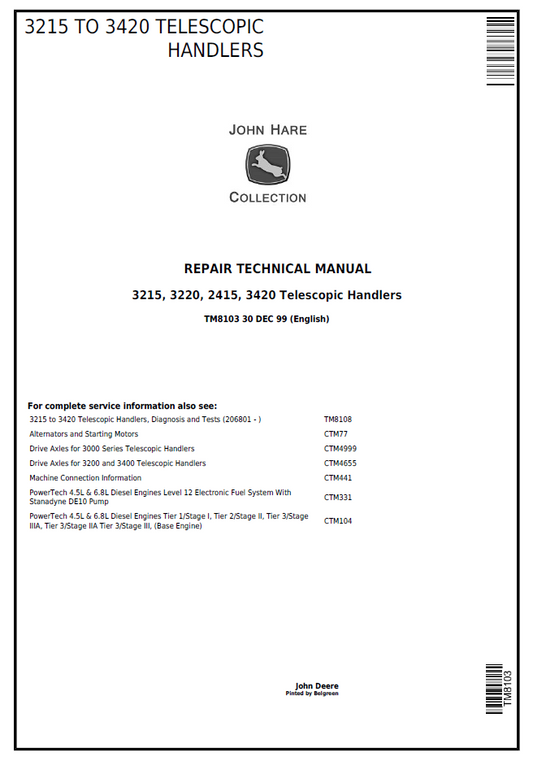 John Deere TM8103 Repair Manual for 3215 3220 2415 3420 Telescopic Handlers