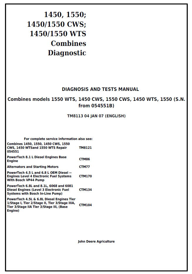 John Deere TM8113 Diagnosis & Test Manual for 1450 1550 CWS WTS Combines