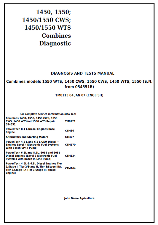 John Deere TM8113 Diagnosis & Test Manual for 1450 1550 CWS WTS Combines