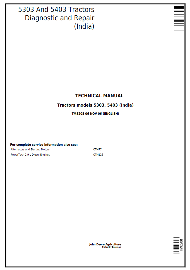 John Deere TM8208 Diagnostic & Repair Manual for 5303 and 5403 Tractors