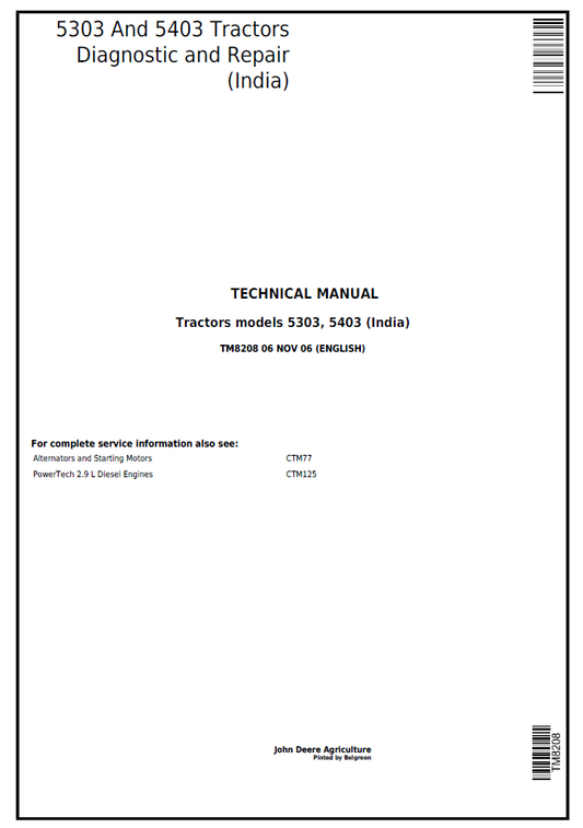 John Deere TM8208 Diagnostic & Repair Manual for 5303 and 5403 Tractors