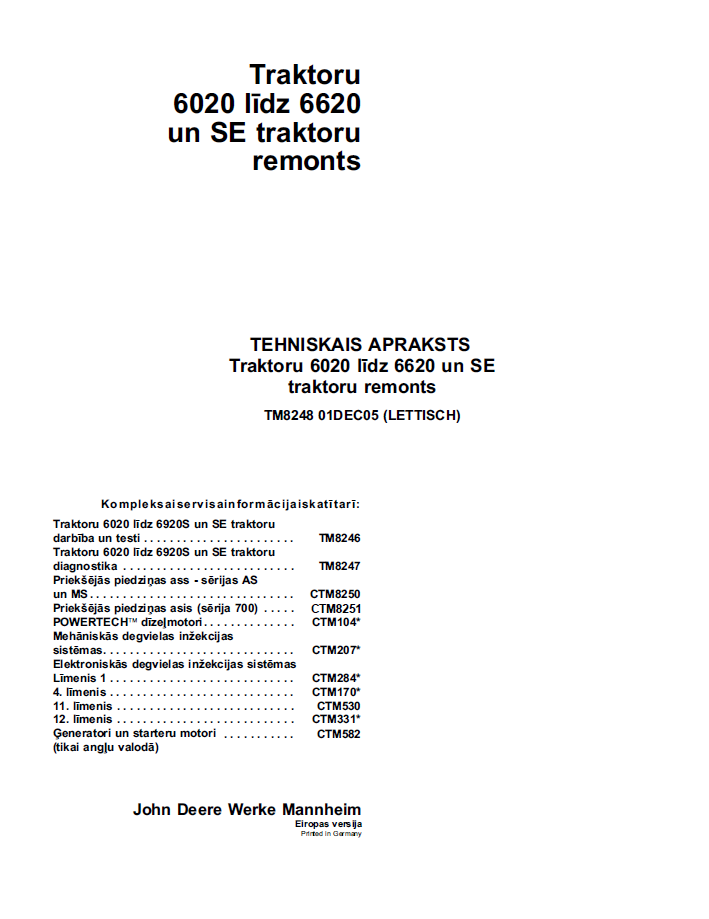 John Deere TM8248 Repair Manual for 6020 to 6620 SE Tractors