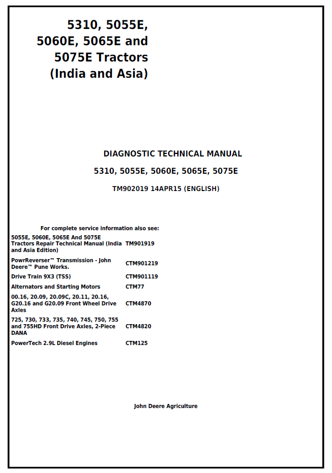 John Deere TM902019 Tractor Technical Manual for 5310 & 5055E–5075E Models