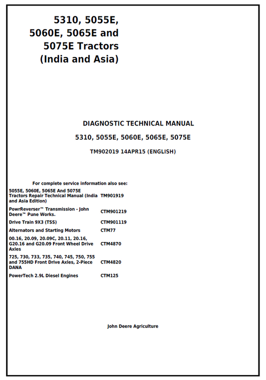 John Deere TM902019 Tractor Technical Manual for 5310 & 5055E–5075E Models