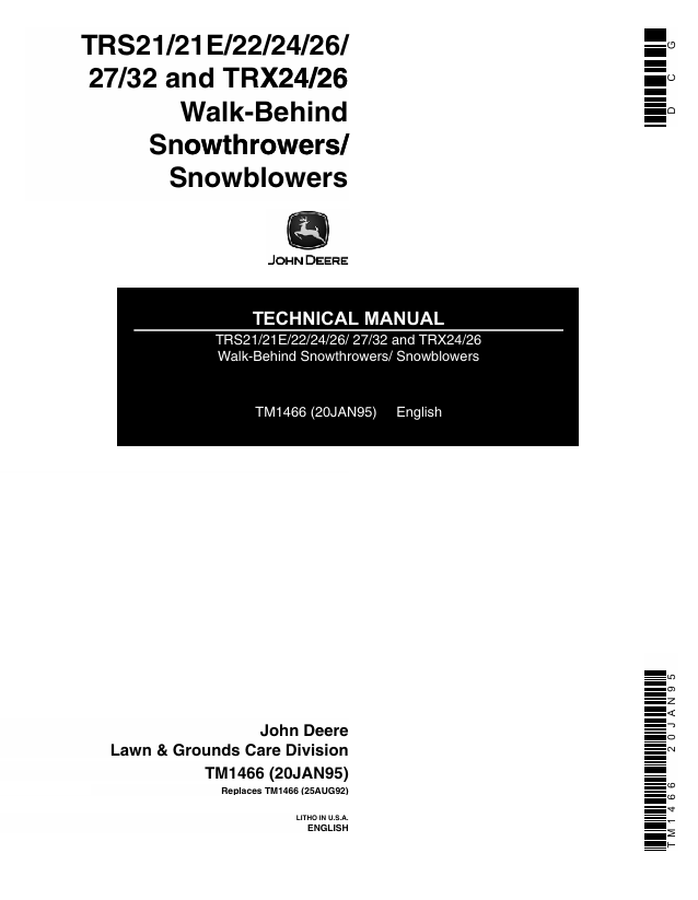 John Deere TRS21 TRS21E TRS22 TRS24 Snowblower Technical Manual TM1466