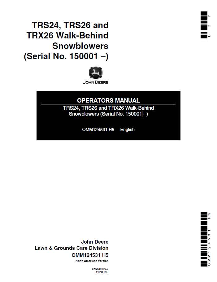 John Deere TRS24 TRS26 TRX26 Snowblower Operator Manual PDF OMM124531