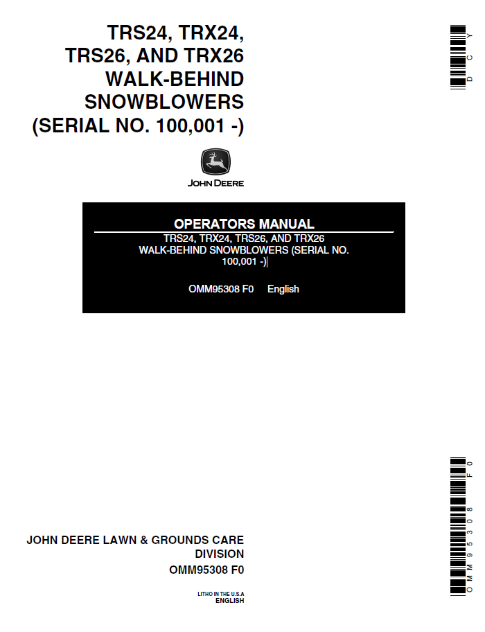 John Deere TRS24 TRX24 TRS26 TRX26 Snowblower Operator Manual PDF OMM95308
