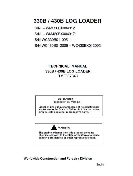 John Deere Timberjack 330B & 430B Log Loaders Technical Manual