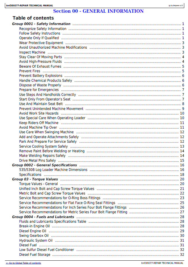 John Deere Timberjack 535 530B Log Loader Service Repair Manual TMF389377