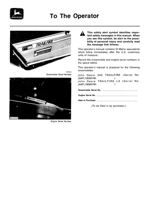 John Deere Trailfire Snowmobile OMM69139 Operator & Maintenance Manual PDF