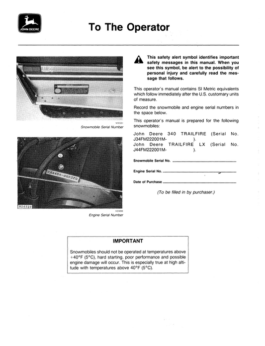 John Deere Trailfire Snowmobile OMM69603 Operator & Maintenance Manual PDF