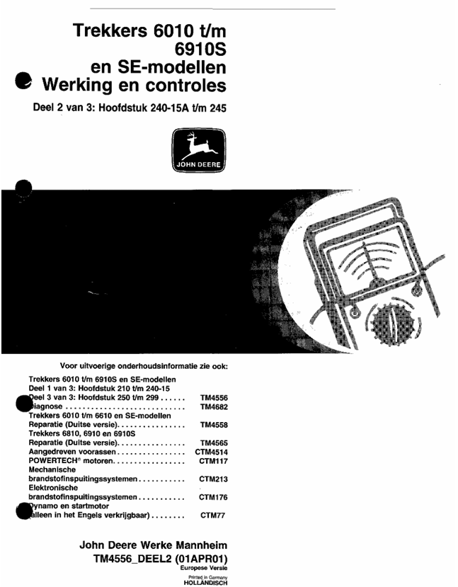 John Deere Trekker 6010 TM & 6910S SE Werking Controle Technical Manual TM4556-2