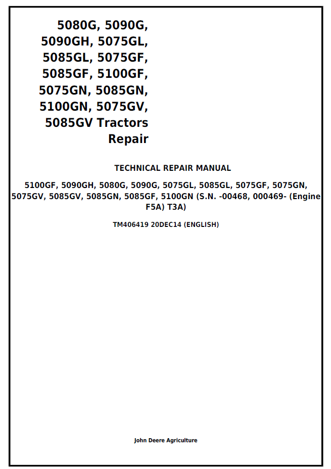 John Deere VBTM406419 G Series Tractor Repair Manual 5075G–5100G
