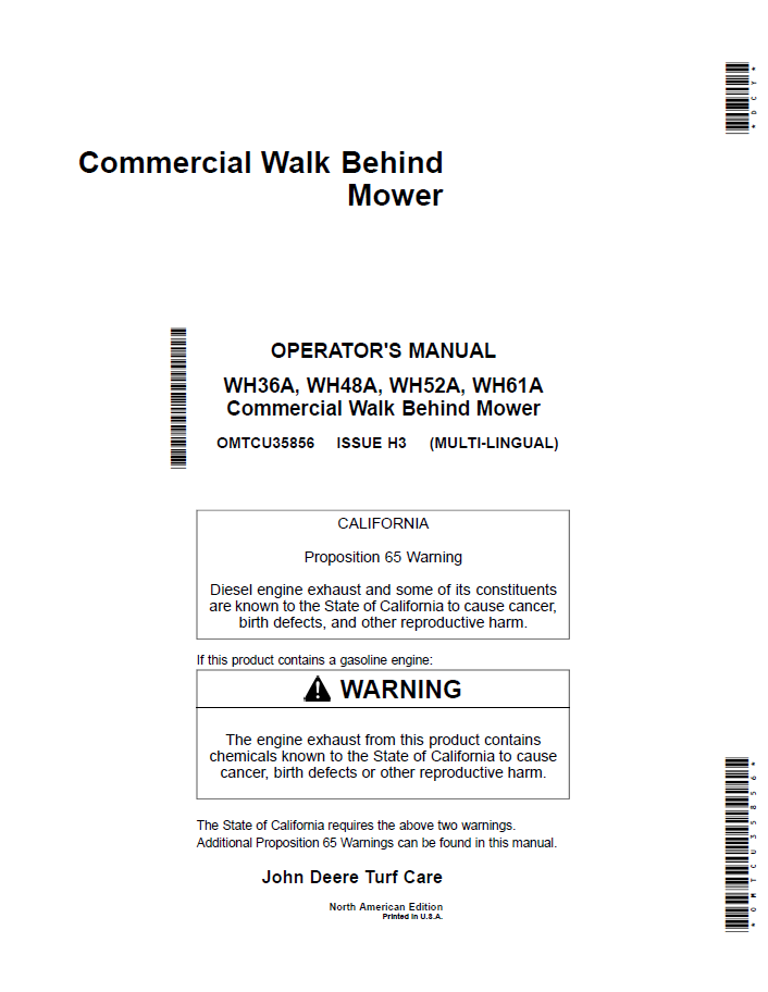 John Deere WH36A WH48A WH52A WH61A Mower Manual (OMTCU35856)
