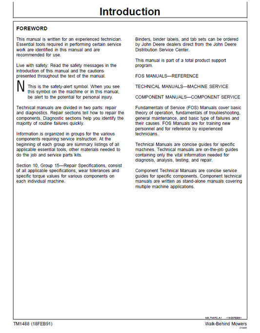 John Deere Walk-Behind Mower 38/48/54 TM1488 Service Manual