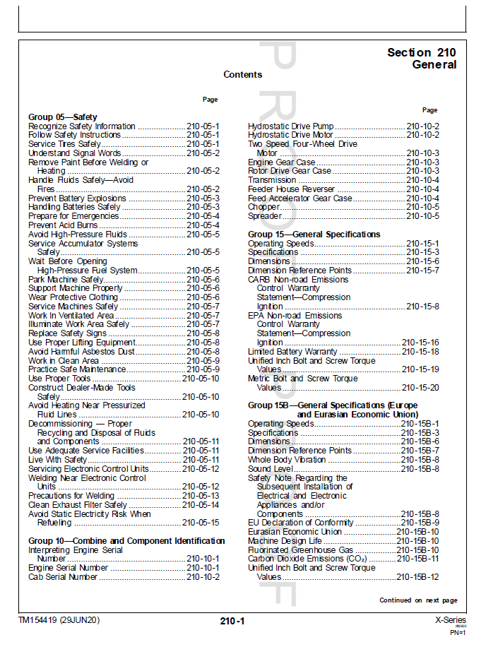 John Deere X-Series Combine Technical Repair Manual TM154419