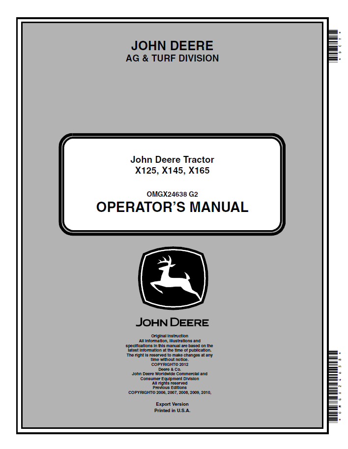 John Deere X125 X145 X165 Tractor Operator Manual OMGX24638 PDF Download