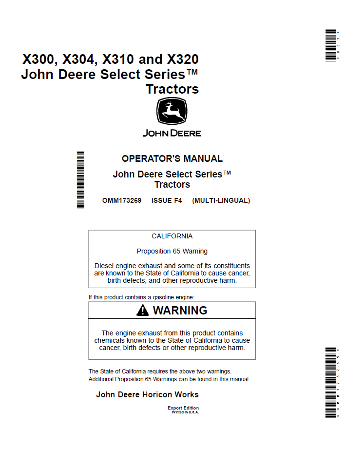 John Deere X300, X304, X310, X320 Tractor Operator Manual (OMM173269)