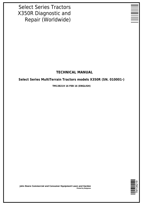 John Deere X350R Series Tractor Diagnostic & Repair Manual TM138219