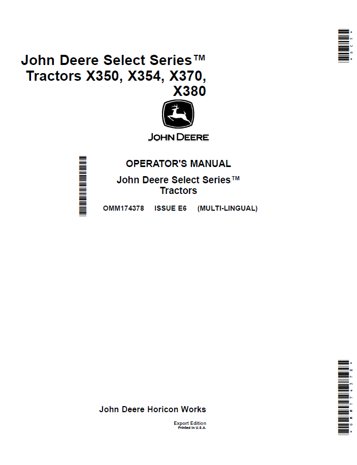 John Deere X350, X354, X370, X380 Tractor Operator Manual (OMM174378)