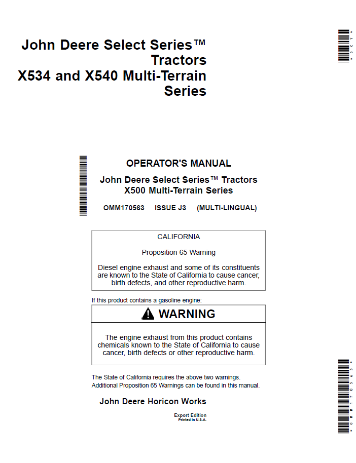 John Deere X500 Operator Manual (OMM170563) | Select Series Guide