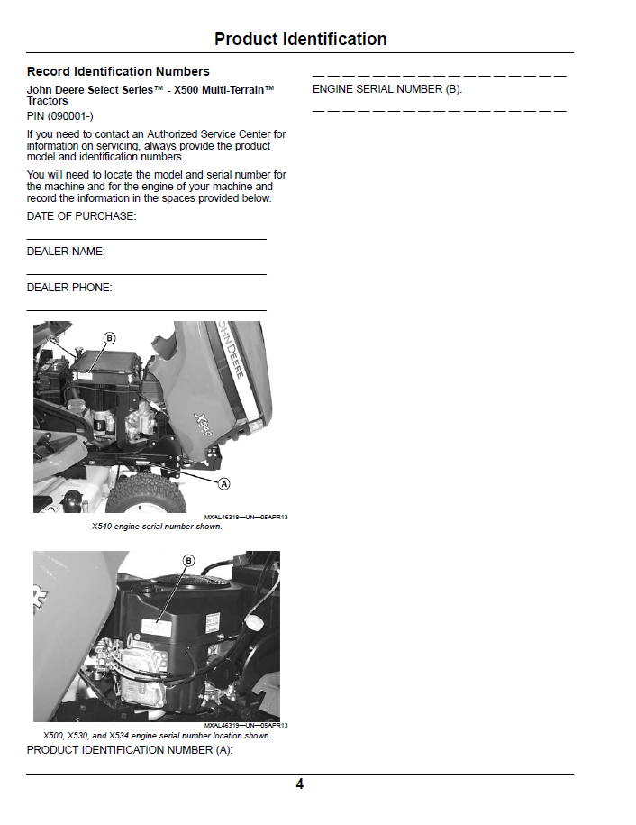 John Deere X500 Tractor OMM174454 User and Maintenance Manual