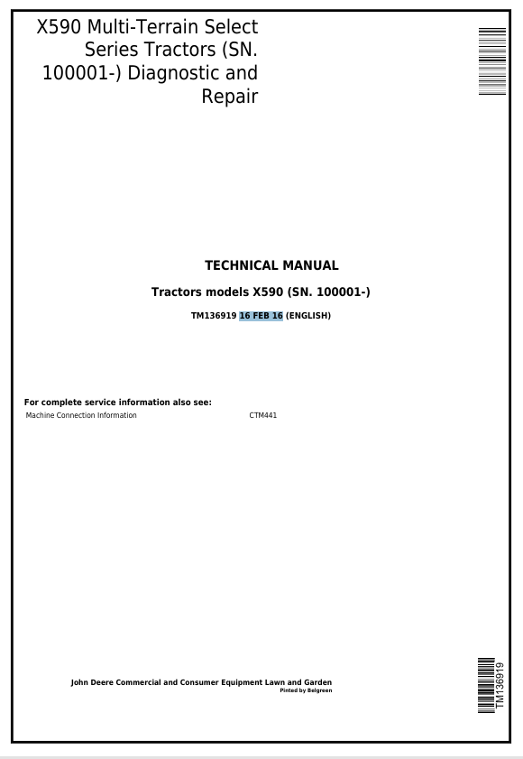 John Deere X590 Multi-Terrain Select Series Tractor Diagnostic & Repair Manual TM136919