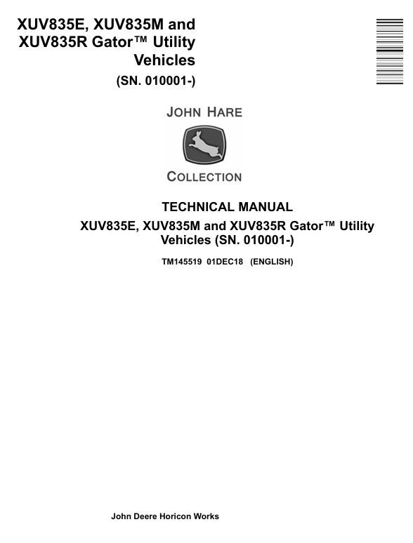 John Deere XUV835E XUV835M XUV835R Gator Utility Vehicle Technical Manual TM145519