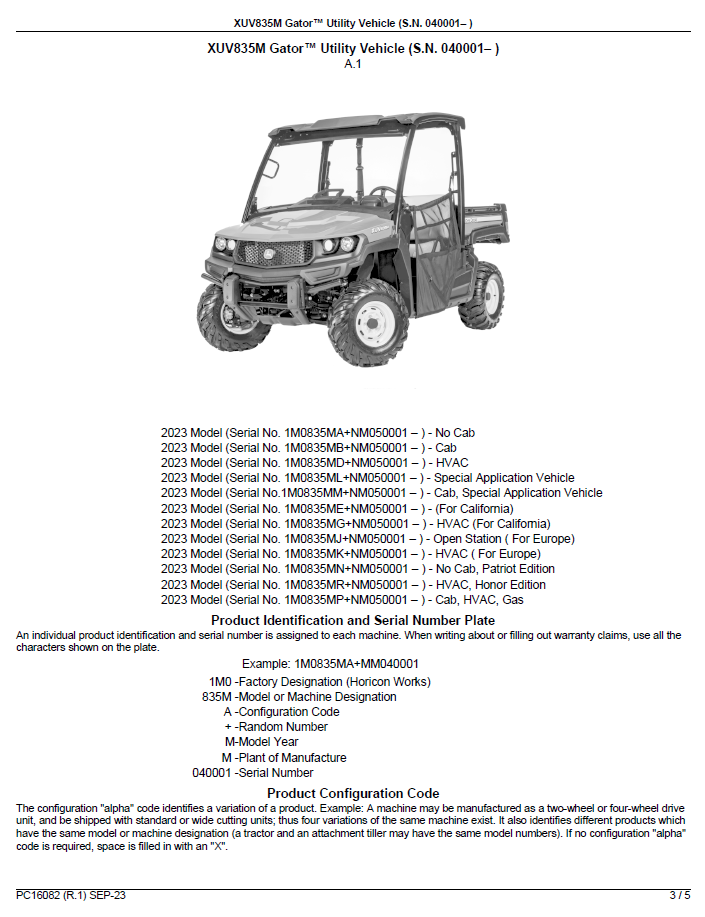 John Deere XUV835M Gator Utility Vehicle Complete Parts Catalogue Guide
