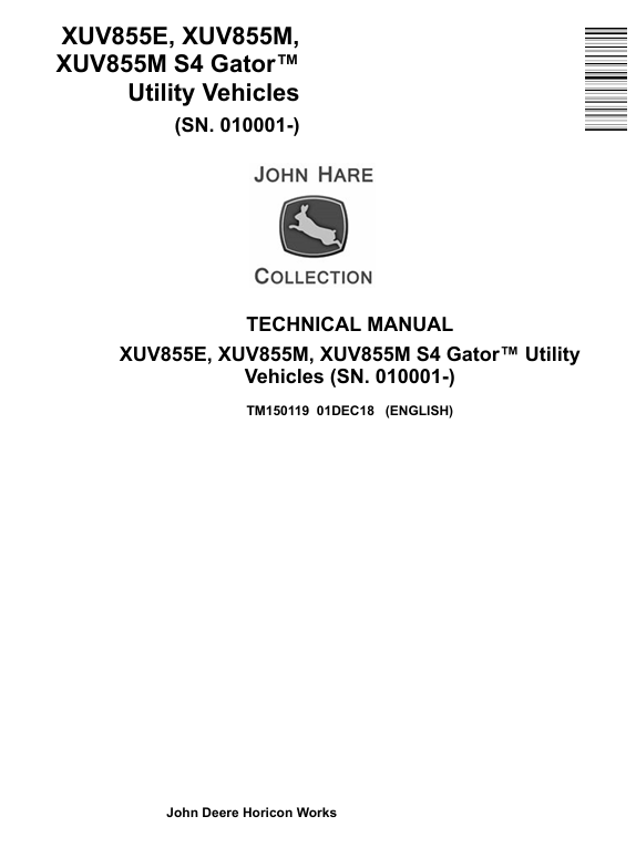 John Deere XUV855E XUV855M XUV855M S4 Gator Utility Vehicle Technical Manual TM150119