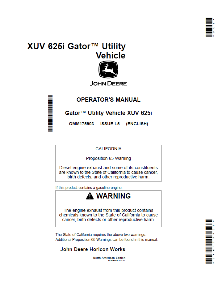 John Deere XUV 625i Gator Operator Manual (OMM175903)