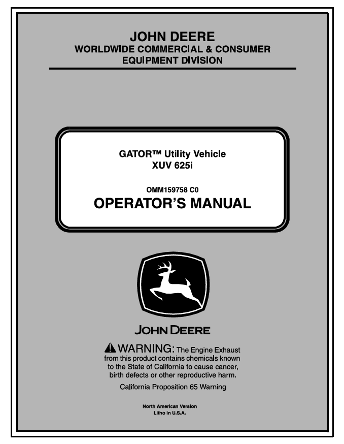 John Deere XUV 625i Gator Utility Vehicle Operator Manual OMM159758